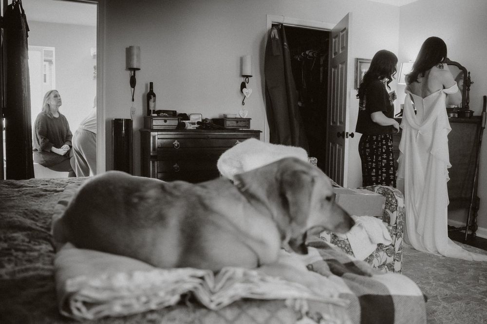 Candid getting ready for a wedding black and white