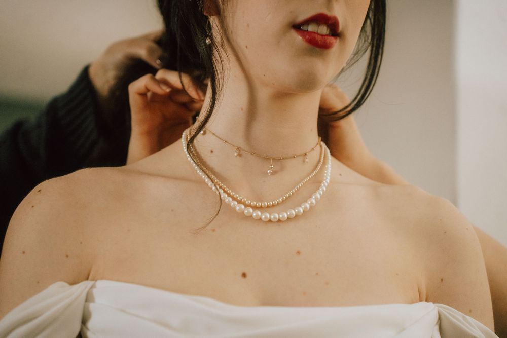 Close up of details of the bride gown from the getting ready
