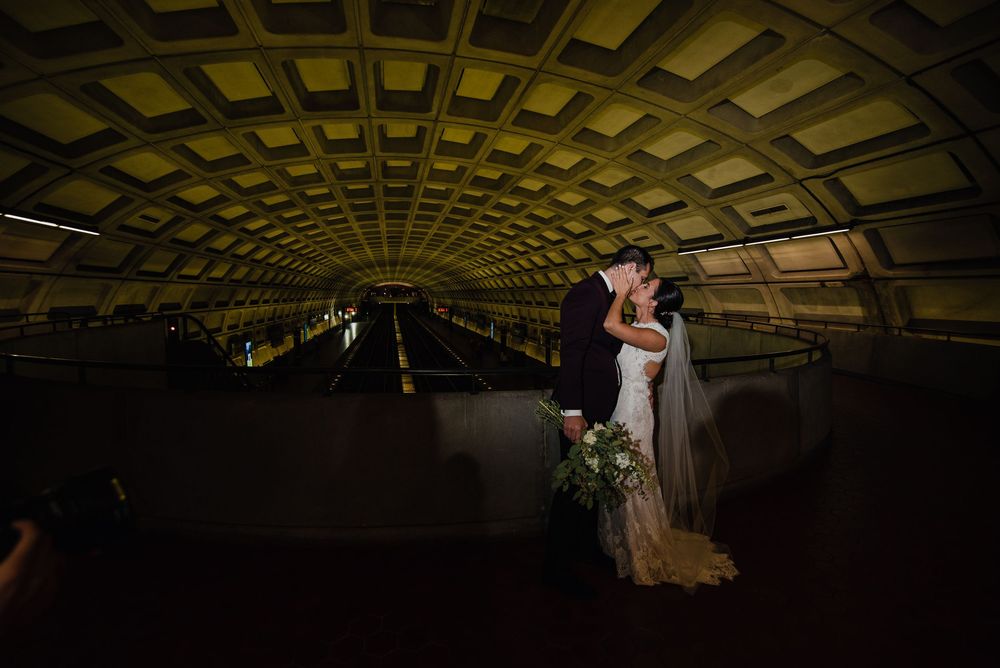 Couple flash portrait in metro station in Washington DC